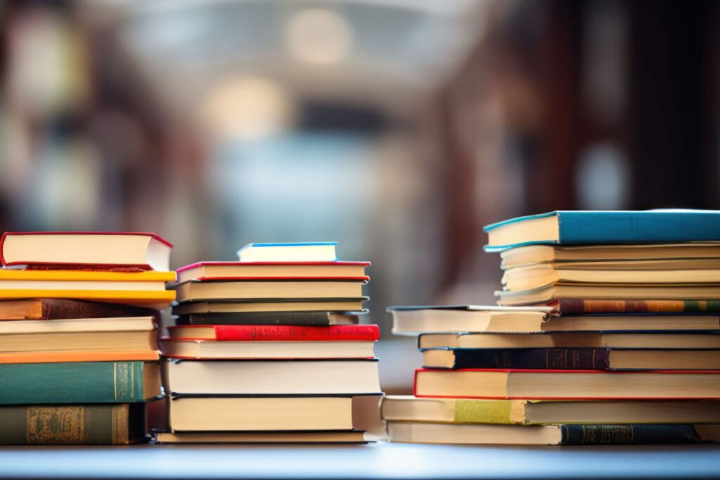 Stack books with library scene 1